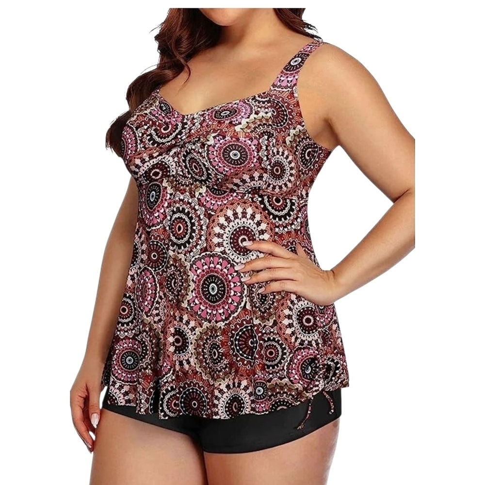 AQUA EVE - 24W Patterned Tankini Top and Black Shorts